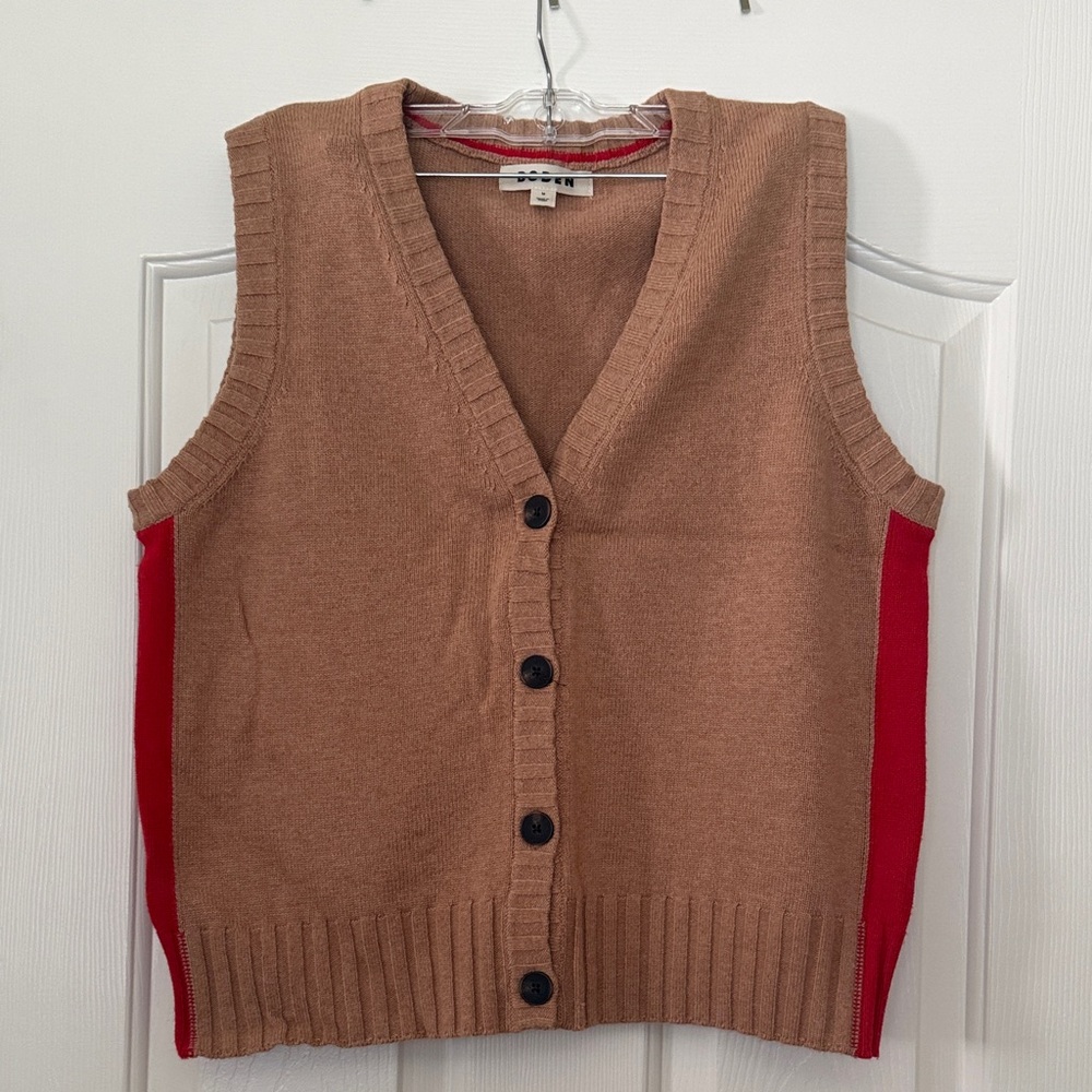 Boden Camel Brown Sweater Vest with Red Side Panels